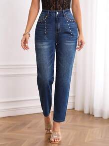 High Waist Button Detail Skinny Jeans - Blue - View 3