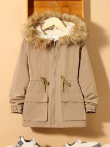 SHEIN Adolescent Garçon 1 pièce Manteau À Capuche À Cordon À Ourlet Duveteux À Doublure En Tissu Duveteux
