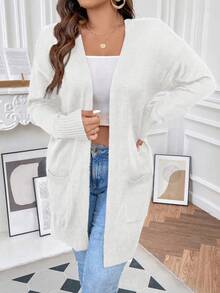 SHEIN Franclia Áo khoác cardigan dáng rộng có túi đôi thả vai - Màu be - Xem 5