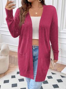 SHEIN Franclia 大码双口袋落肩开衫 - 玫紅色 - 查看 4