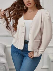 SHEIN Clasi Plus Puff Sleeve Button Front Jacket - White - View 3