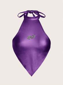 SHEIN ICON 水鑽心形領帶 露背手帕下擺 掛脖上衣 - 紫色 - 查看 1