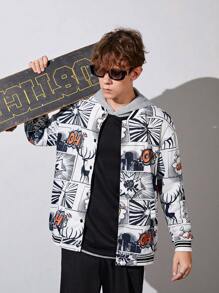 青少年男孩波普藝術圖案條紋飾邊落肩袖夾克無連帽衫 - 黑與白 - 查看 5