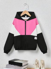 SHEIN Tween Girl Colorblock Letter Patched Detail Hooded Jacket - Watermelon Pink - View 1