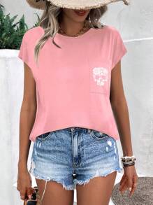 INAWLY 骷髅頭圖案蝙蝠袖口袋貼布T恤 - 粉色 - 查看 1