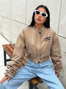 Muchica Skull And Slogan Graphic Crop Padded Coat - Khaki - View 6