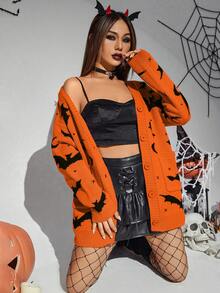 PUNK Cárdigan Halloween con patrón de murciélago de hombros caídos con botón delantero - Naranja - Ver 7