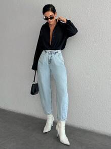 RueChic High Waist Mom Fit Jeans - Blue - View 1