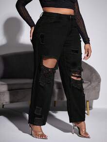 大碼破洞直筒牛仔褲 - 黑色 - 查看 4