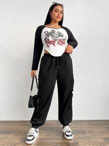 SHEIN EZwear 大碼側翻蓋口袋腰部抽繩工裝褲 - 黑色 - 查看 3