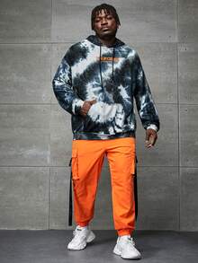 GENTILAND Loose Fit Plus Size Men Tie Dye Letter Graphic Kangaroo Pocket Drawstring Hoodie - Multicolor - View 6