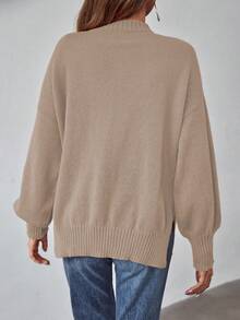 SHEIN LUNE 素色落肩袖口袋貼布套頭毛衣 - 卡其色 - 查看 2