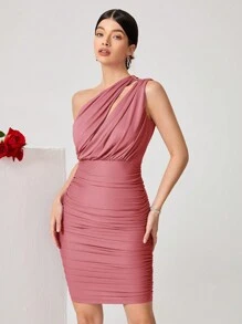 SHEIN Belle Vestido ajustado de un hombro con abertura fruncido - Rosa - Ver 6