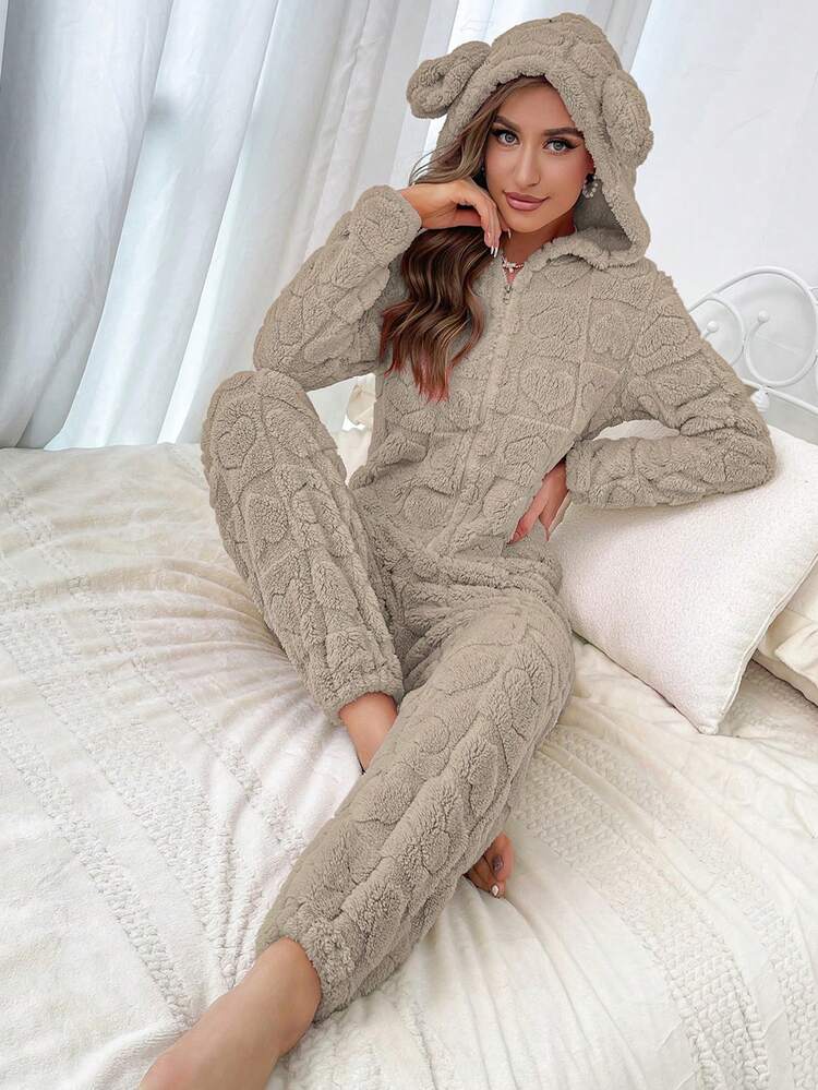3D Ear Design Hooded Zipper Front Flannel Lounge Jumpsuit