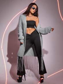 SHEIN ICON Áo len cardigan thiết kế thường ngày viền tua rua - Màu xám đen - Xem 5