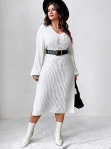 SHEIN Unity Plus Drop Shoulder Split Hem Ribbed Knit Sweater Dress Without Belt - White - View 1