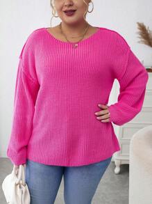 Calvaya 加大码落肩针织套头衫秋冬毛衣 - 玫紅色 - 查看 4