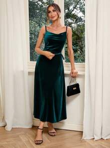 SHEIN Privé Draped Collar Knot Side Velvet Cami Dress - Dark Green - View 5