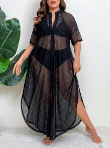SHEIN Swim Curve Summer Plus Size Button Front Kimono - Black - View 1