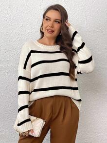 Celure 大碼條紋圖案落肩袖套頭毛衣 - 黑色 - 查看 7