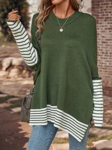 SHEIN LUNE Striped Pattern Batwing Sleeve Split Hem Sweater - Green - View 6