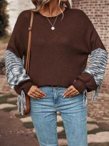 SHEIN LUNE Space Dye Fringe Trim Drop Shoulder Sweater - Multicolor - View 5