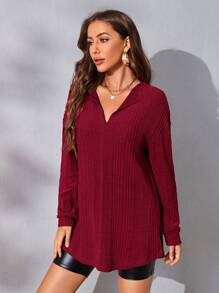 SHEIN Essnce 落肩開衩下擺T恤 - 酒紅色 - 查看 3