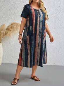 SHEIN LUNE 大碼筆刷圖案口袋貼布洋裝 - 彩色 - 查看 3