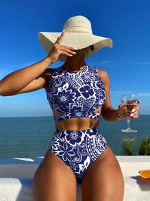 全印花高腰比基尼套裝