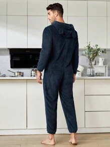 男士拉鏈開襟連帽絨毛連體睡衣