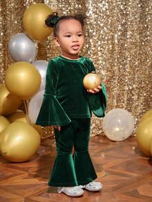 SHEIN 女嬰喇叭袖絲絨上衣&喇叭褲