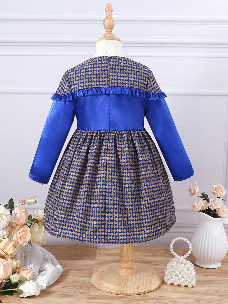 Young Girl 1pc Geo Print Frill Trim Dress
