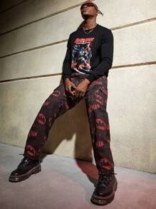 ROMWE MEN Batman X ROMWE Hombres Pantalones cargo con estampado de letra y dibujos animados de cintura con cordón - Multicolor - Ver 7