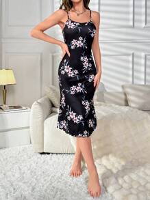 花卉印花生菜边吊带睡衣睡裙，完美适合夏季 - 黑色 - 查看 4