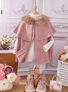 SHEIN Young Girl Fuzzy Trim Cape Coat - Pink - View 6