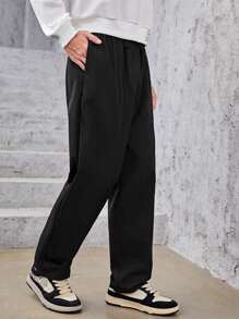 SHEIN 青少年男孩字母圖案斜口袋長褲 - 黑色 - 查看 3