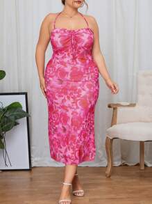 SHEIN Privé Hơn In hoa Mặt trước dây rút Halter Neck Không lưng Đầm - Nhiều màu - Xem 4