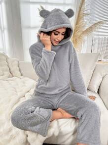 字母刺繡3D耳朵設計連帽法蘭絨睡衣套裝 - 灰色 - 查看 1