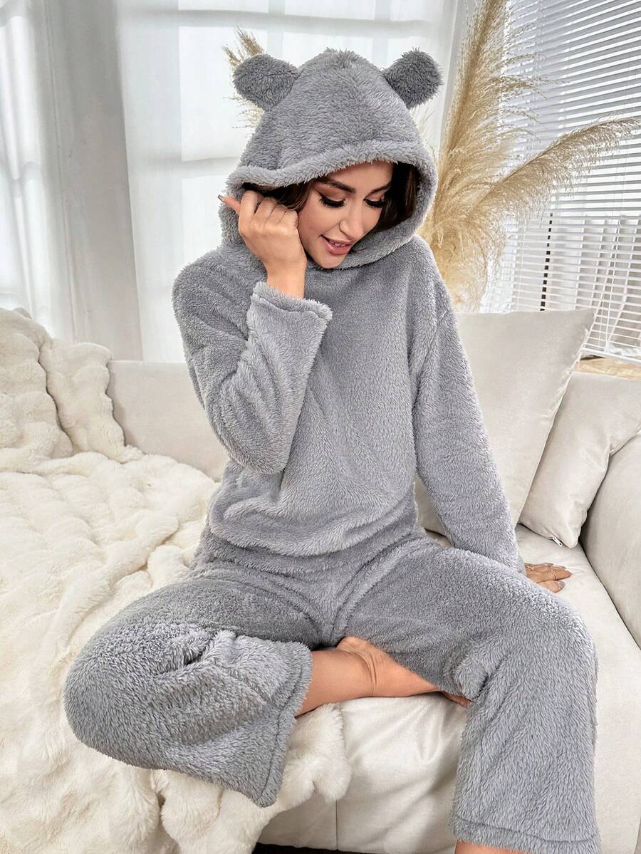 字母刺繡3D耳朵設計連帽法蘭絨睡衣套裝 - 灰色 - 查看 1