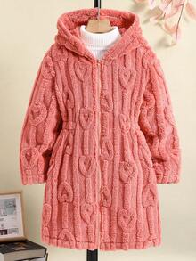 SHEIN Tween Girl 1pc Solid Hooded Teddy Coat - Pink - View 3
