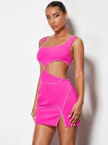 SHEIN BAE Cut Out Rhinestone Trim Split Hem Bodycon Dress - Hot Pink - View 3