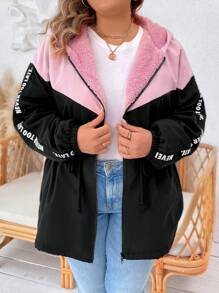 SHEIN LUNE Plus Letter Graphic Drawstring Waist Teddy Lined Hooded Jacket, For Winter Fall Autumn - Multicolor - View 5
