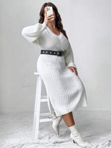 SHEIN Unity Plus Drop Shoulder Split Hem Ribbed Knit Sweater Dress Without Belt - White - View 3