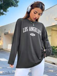 SHEIN EZwear Letter Graphic Drop Shoulder Tee - Dark Grey - View 4