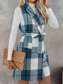 SHEIN Essnce Plaid Print Belted Vest Dress Without Sweater - Blue - View 4