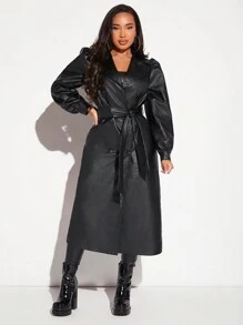 SHEIN SXY Solid PU Leather Trench Coat - Black - View 1