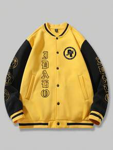 Street Life 男士字母圖案條紋飾邊撞色學院風夾克 - 黃色 - 查看 2
