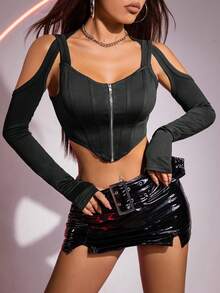 SHEIN ICON 拉鍊不對稱下擺露肩短款T恤 - 黑色 - 查看 3