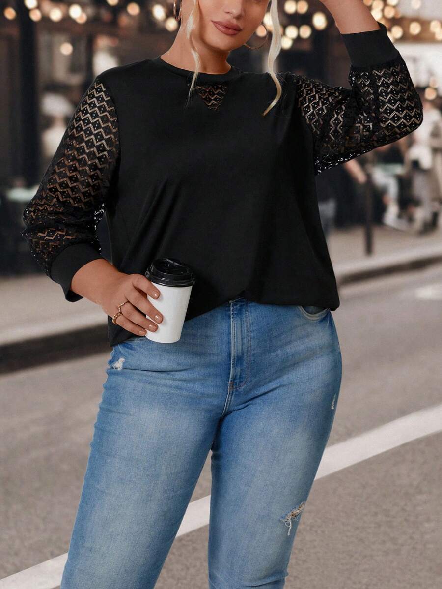 SHEIN LUNE Plus Contrast Lace Sleeve Top - Black - View 1