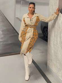 SHEIN SXY Plaid Print Belted Coat